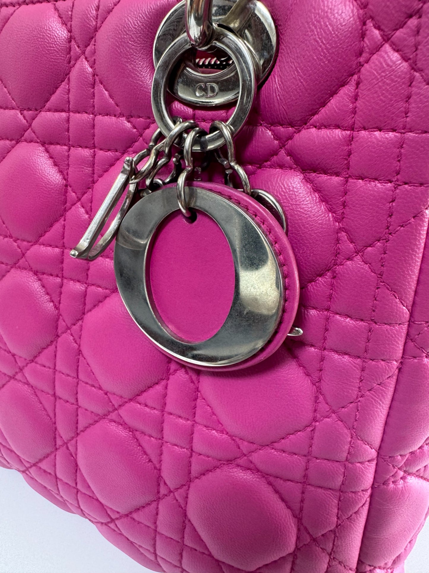 Pre-Owned Dior Lady Dior Medium Bag in Pink Lambskin with Silver Hardware