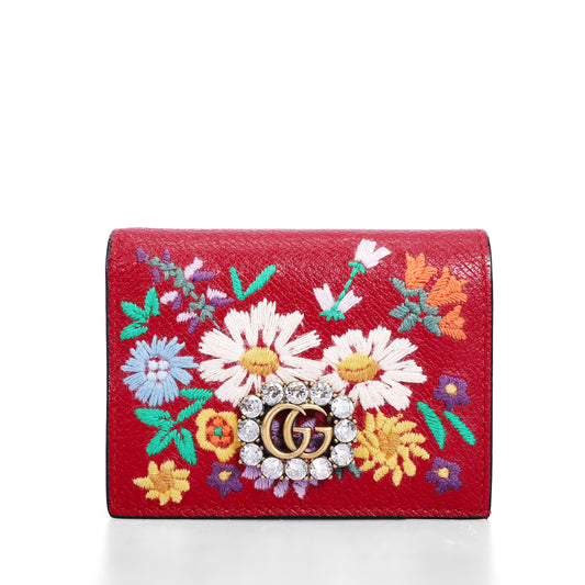Pre-Owned Gucci Embroidered Floral Wallet in Red Leather with Crystal GG Logo