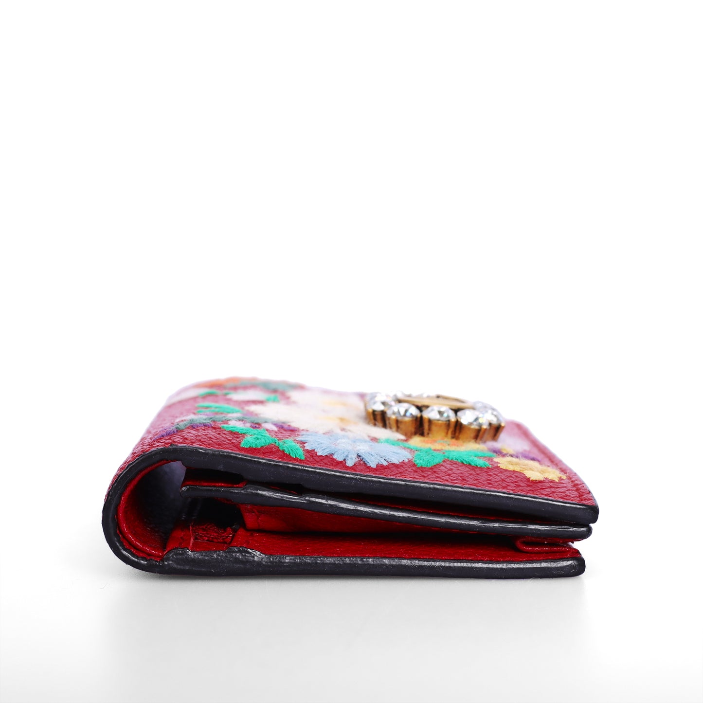 Pre-Owned Gucci Embroidered Floral Wallet in Red Leather with Crystal GG Logo