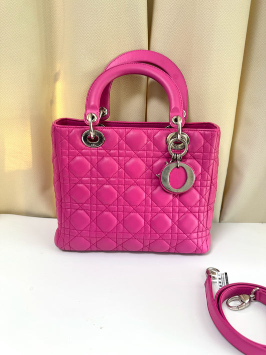 Pre-Owned Dior Lady Dior Medium Bag in Pink Lambskin with Silver Hardware