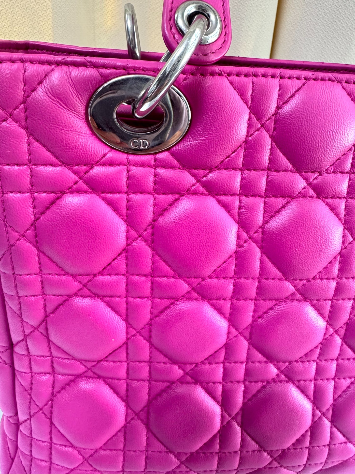 Pre-Owned Dior Lady Dior Medium Bag in Pink Lambskin with Silver Hardware