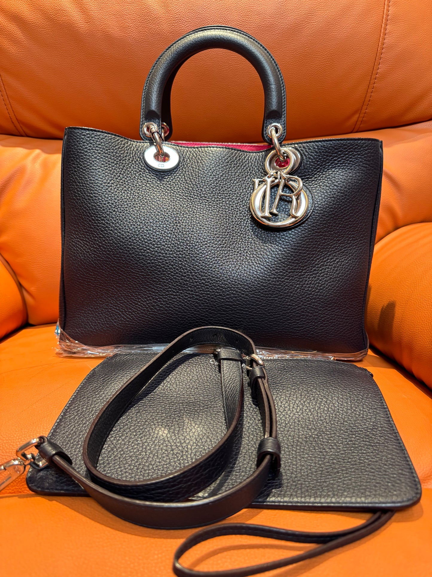 Pre-Loved Black Structured Tote Bag with Charm Details