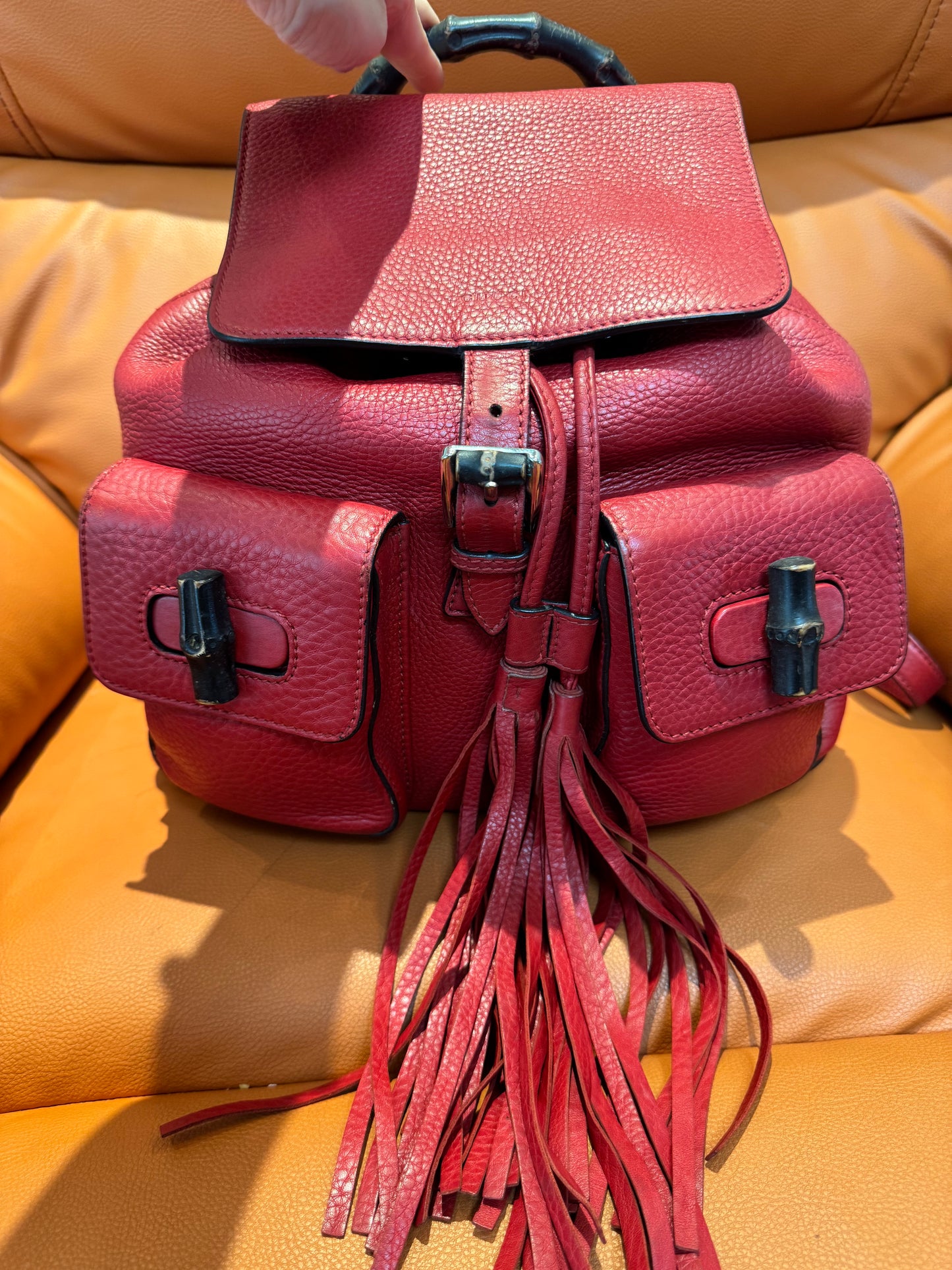 Pre-owned Gucci Bamboo Tassel Leather Backpack – Red Pebbled Leather