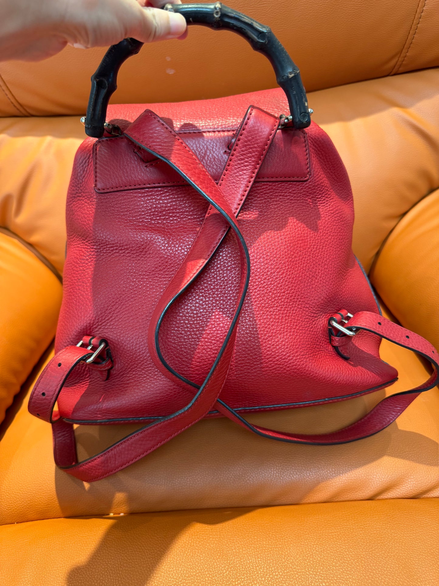 Pre-owned Gucci Bamboo Tassel Leather Backpack – Red Pebbled Leather