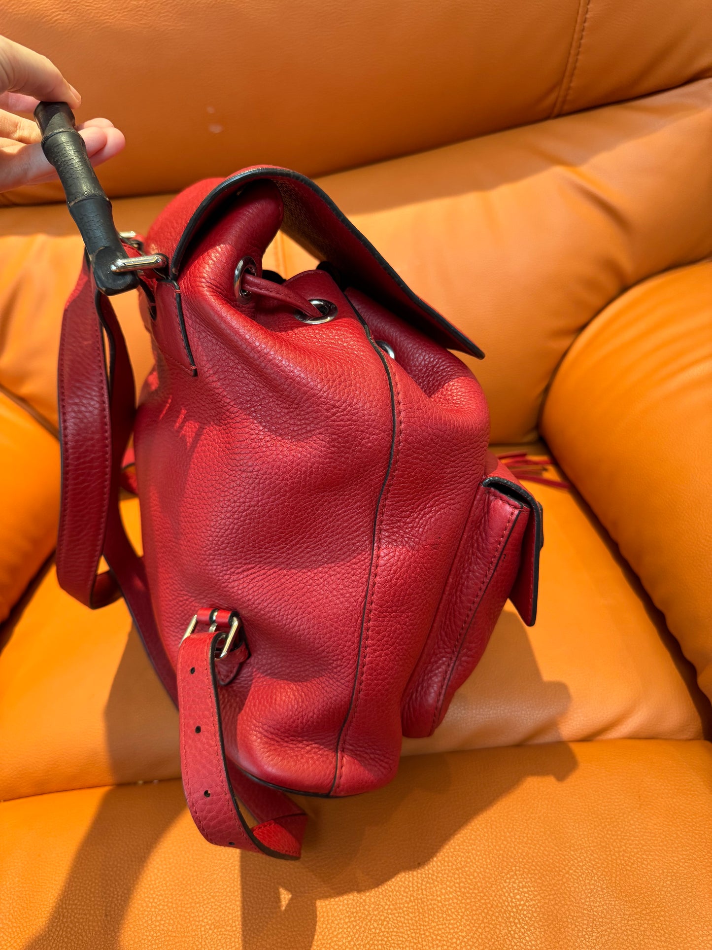 Pre-owned Gucci Bamboo Tassel Leather Backpack – Red Pebbled Leather