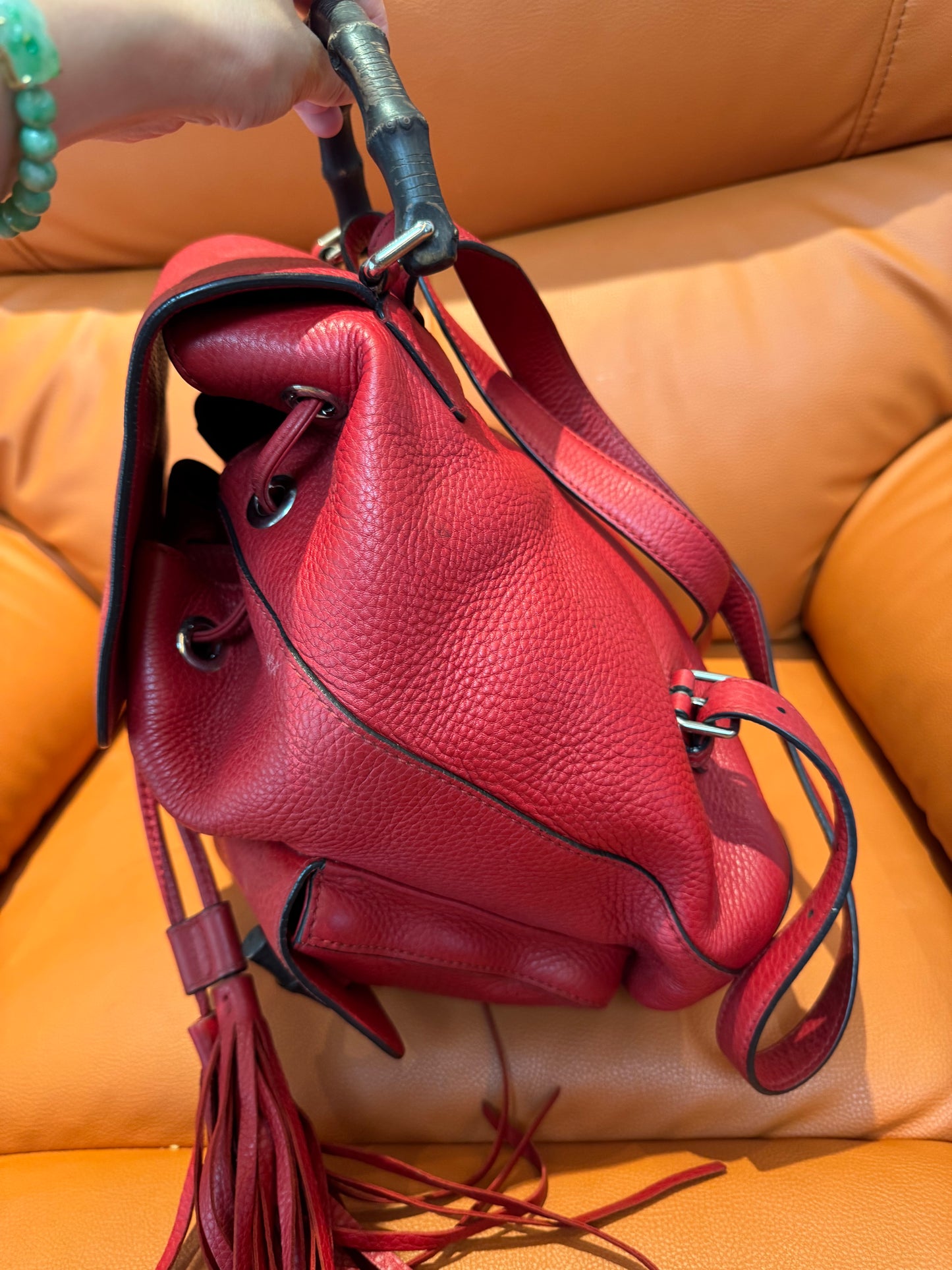 Pre-owned Gucci Bamboo Tassel Leather Backpack – Red Pebbled Leather