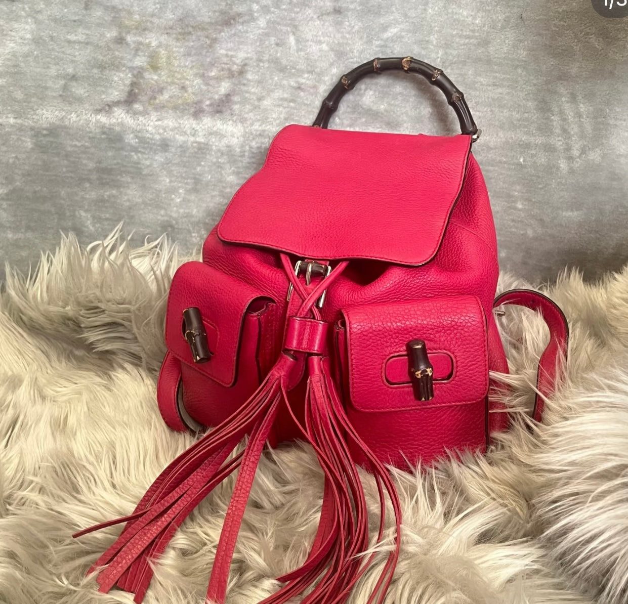 Pre-owned Gucci Bamboo Tassel Leather Backpack – Red Pebbled Leather