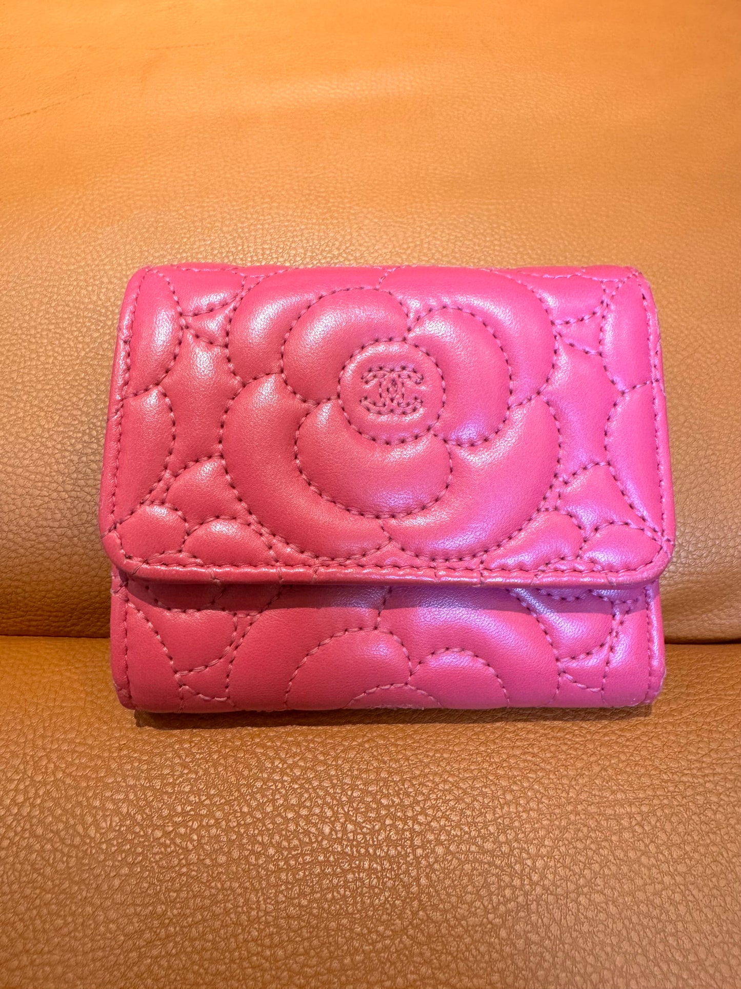 Pre-Loved Pink Camellia Quilted Leather Wallet – Compact Trifold Style