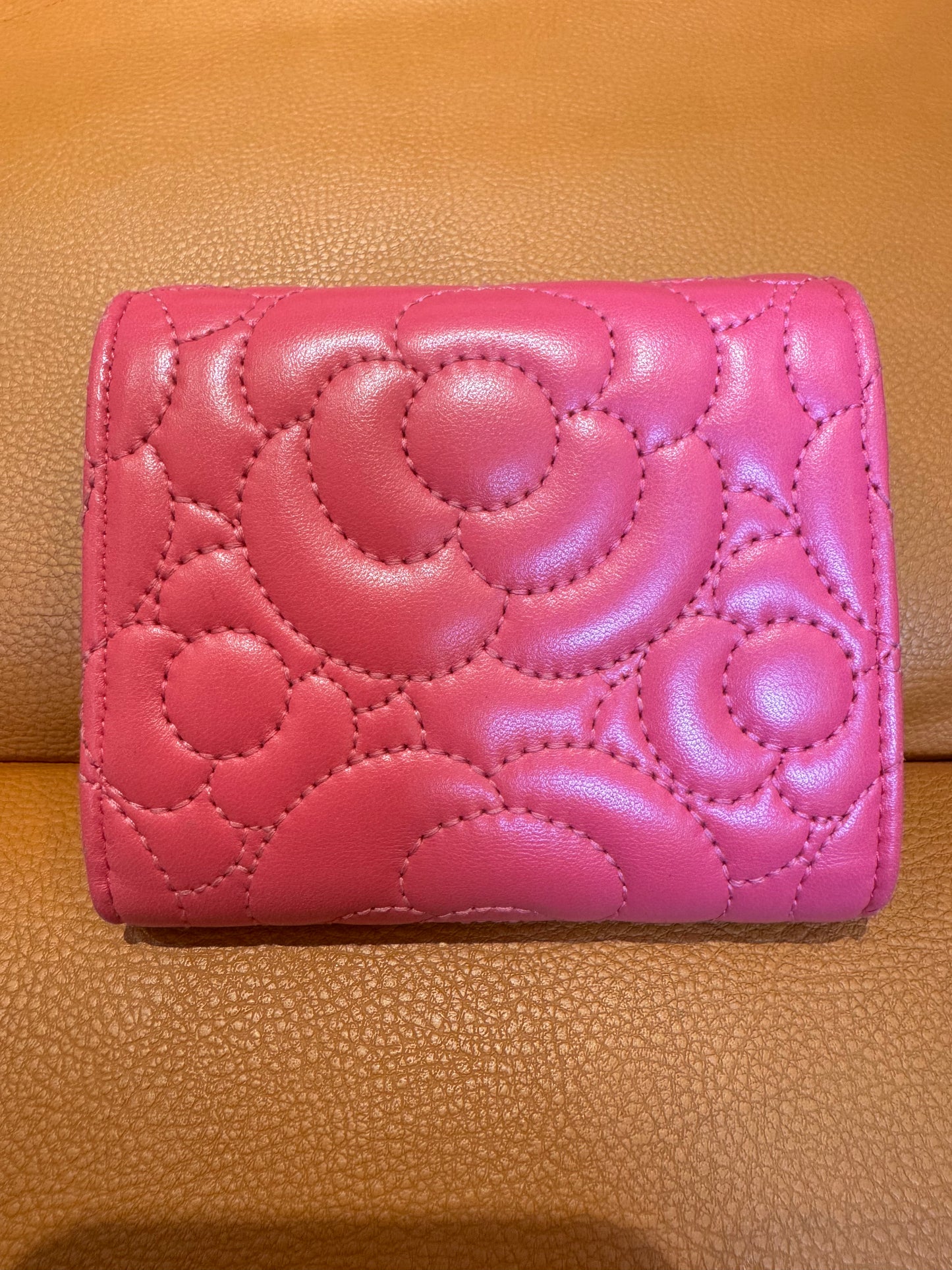 Pre-Loved Pink Camellia Quilted Leather Wallet – Compact Trifold Style