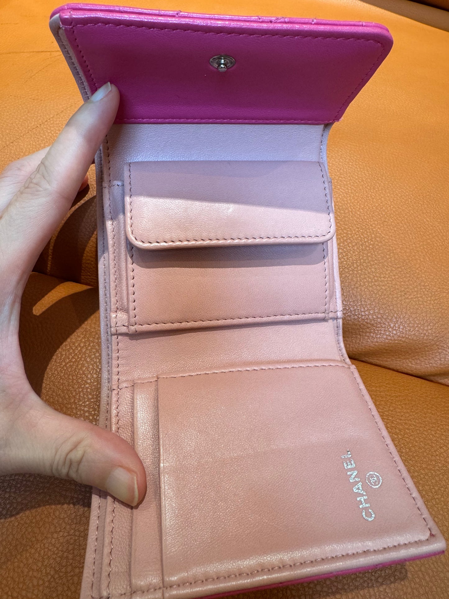Pre-Loved Pink Camellia Quilted Leather Wallet – Compact Trifold Style