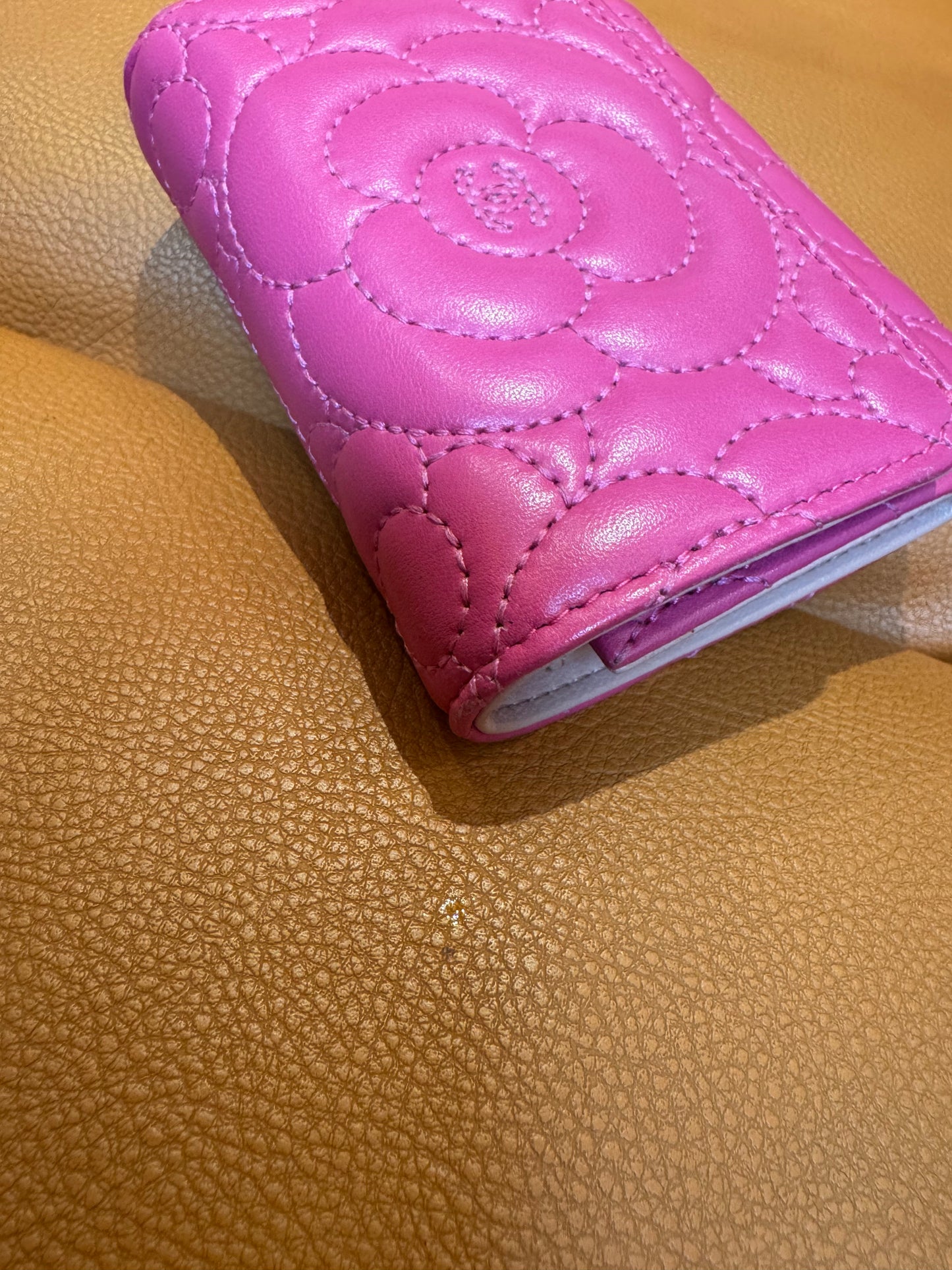 Pre-Loved Pink Camellia Quilted Leather Wallet – Compact Trifold Style