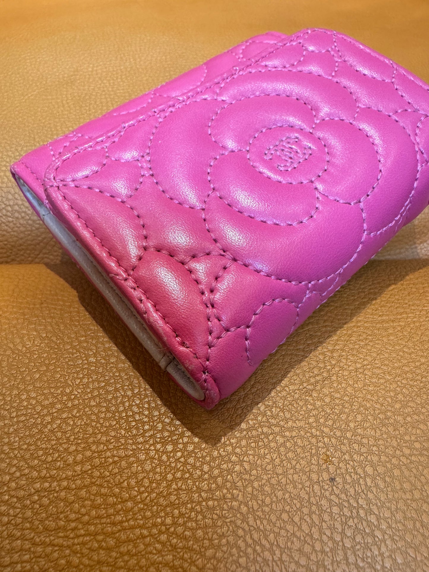 Pre-Loved Pink Camellia Quilted Leather Wallet – Compact Trifold Style