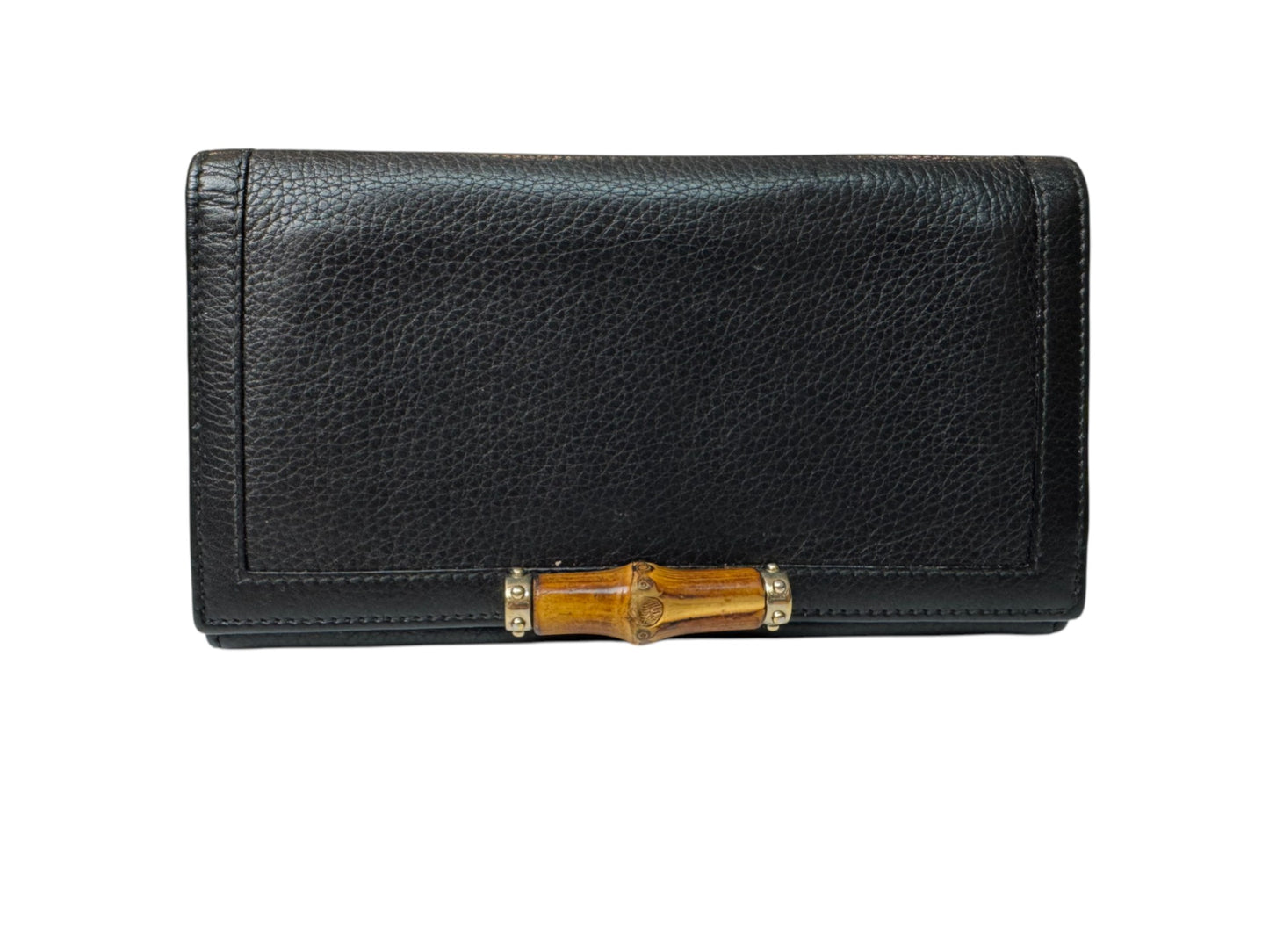 pre -owned Vintage Black Leather Wallet with Bamboo Clasp – Timeless Elegance