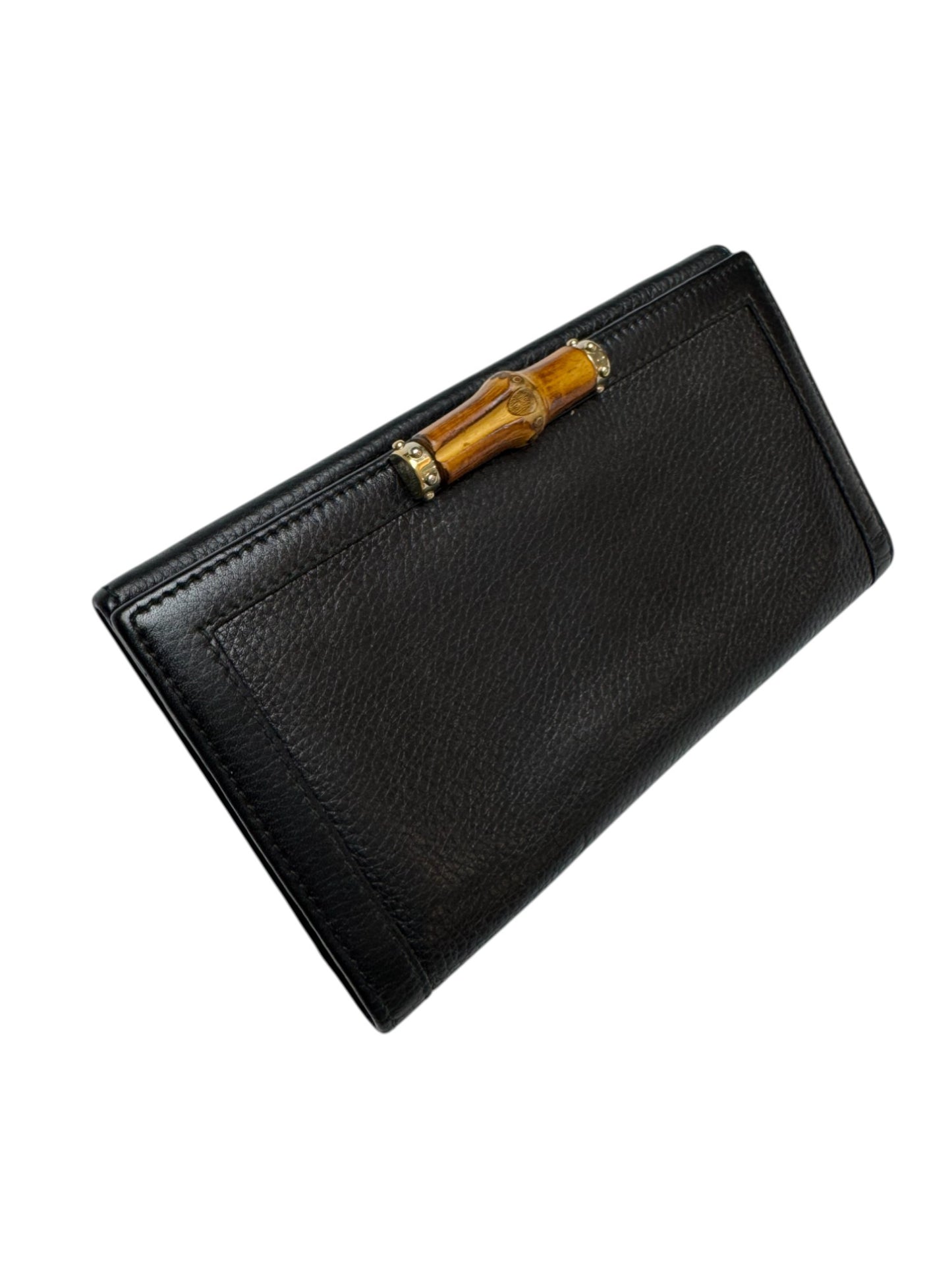 pre -owned Vintage Black Leather Wallet with Bamboo Clasp – Timeless Elegance
