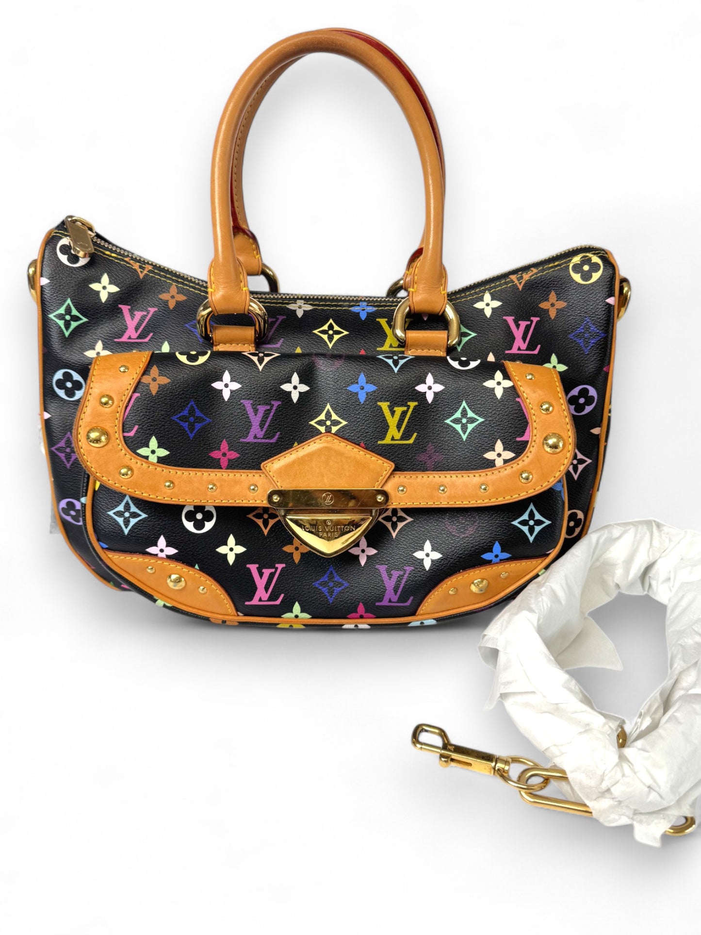 Pre-owned Louis Vuitton Multicolore Monogram Ursula Bag in Black Canvas with Vachetta Leather Trim