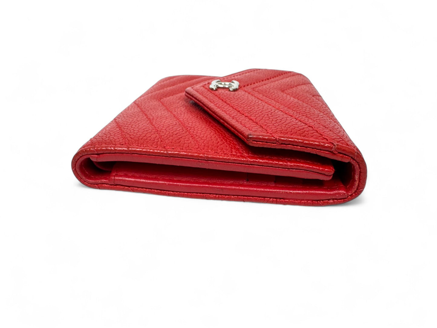 Pre-Owned Chanel Small Flap Wallet in Red Caviar Leather with Silver CC Logo