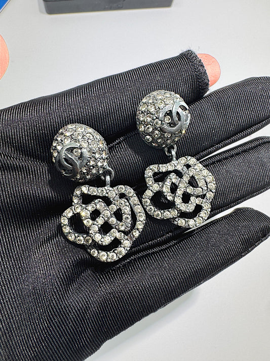 Pre-Owned Chanel CC Logo Crystal Camellia Drop Earrings